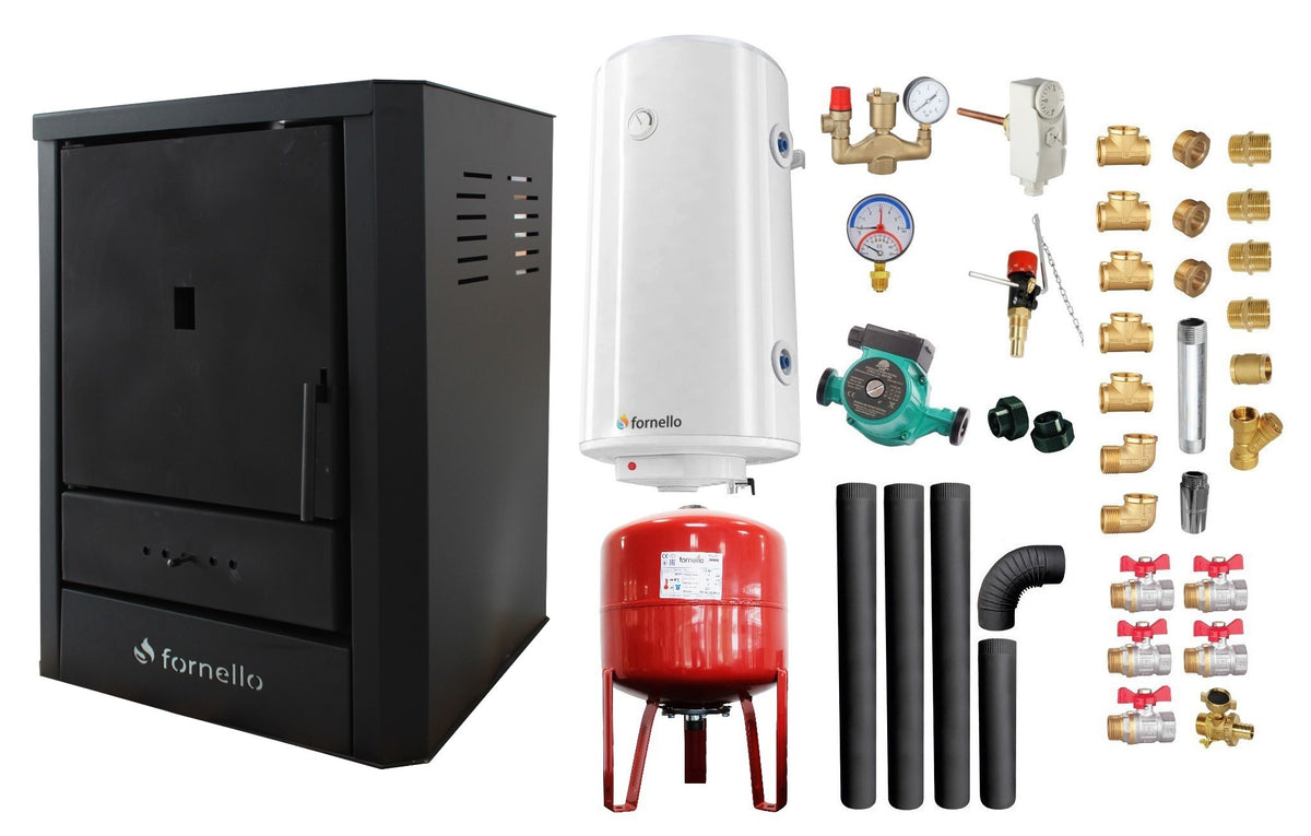Pachet Cazan (centrala) pe lemne, brichete si carbune Fornello Rimini Black 18 kW, Boiler Termoelectric, Vas Expansune, Pompa, Kit evacuare si Fitinguri Montaj