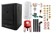 Pachet Cazan (centrala) pe lemne, brichete si carbune Fornello Rimini Black 18 kW, Boiler Termoelectric, Vas Expansune, Pompa, Kit evacuare si Fitinguri Montaj