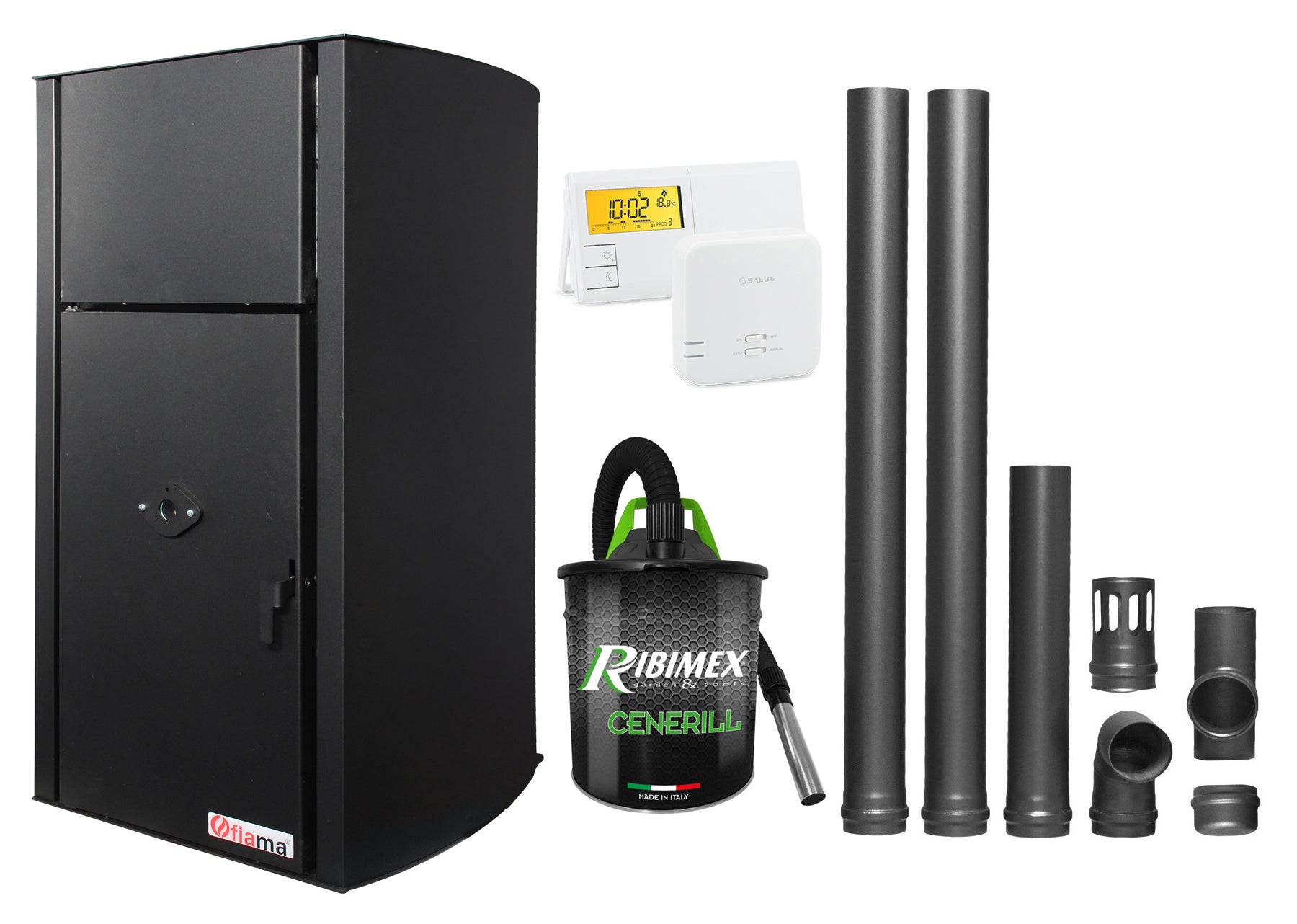Pachet Centrala pe peleti Fornello Fiama Confort B 25 kw, complet echipata pentru incalzire, Pompa, Vas expansiune, Automatizare, Termostat Radio Comanda Salus 091FLRFV2, Aspirator Cenusa si Kit evacuare 2.5 ml