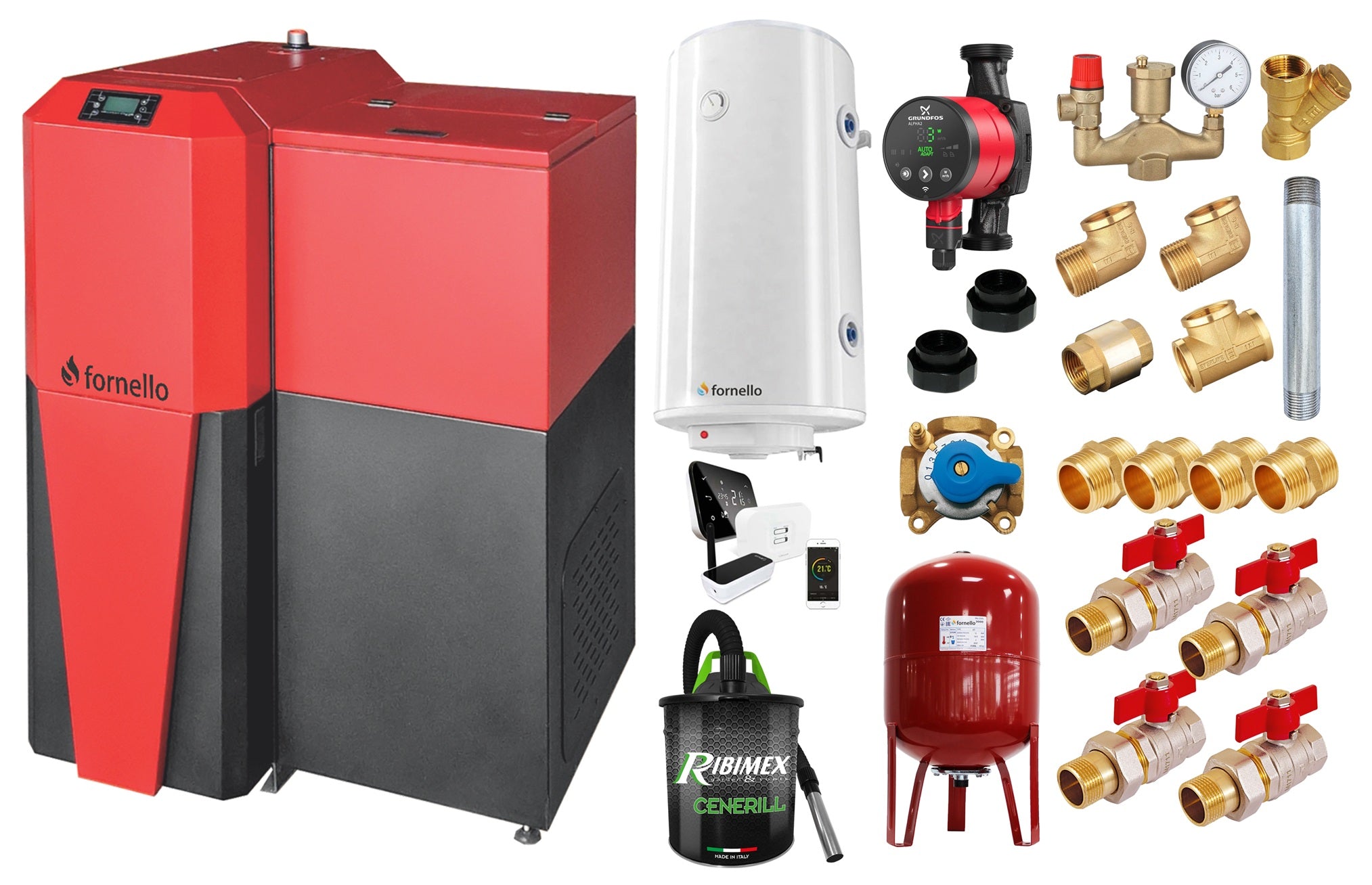 Pachet Centrala mixta Lemn/Pelet Fornello Tera 28 kW, boiler, termostat, aspirator, pompa, vas expansiune, fitinguri, aprindere automanta la peleti, buncar peleti 95 kg, creuzet fonta, curatarea facila, pentru 180 mp
