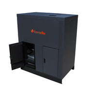 Centrala pe peleti Fornello Eco Energy 75 kW, echipata cu automatizare, afisaj digital, arzator fonta, curatare mecania a drumurilor de fum, buncar peleti integrat 180 kg