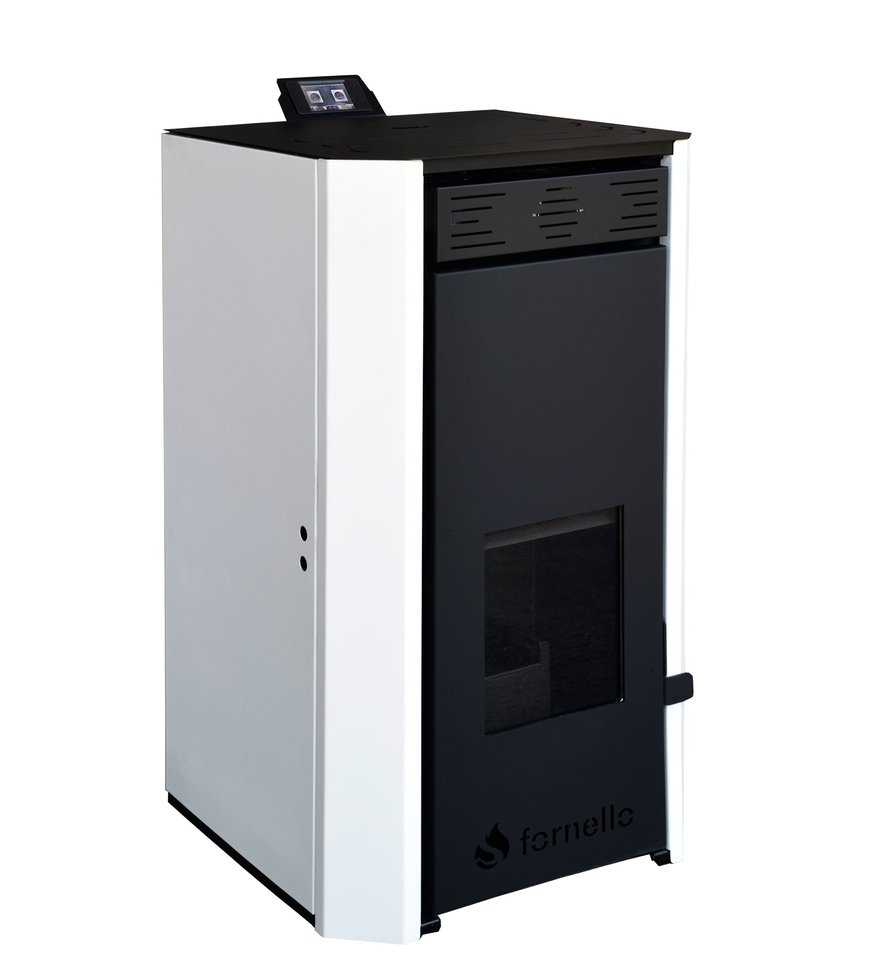 Termosemineu pe peleti Fornello EVA 25 KW, pompa circulatie, vas expansiune, WI-FI, buncar, tiraj fortat, recomandat pentru 160 mp, Alb