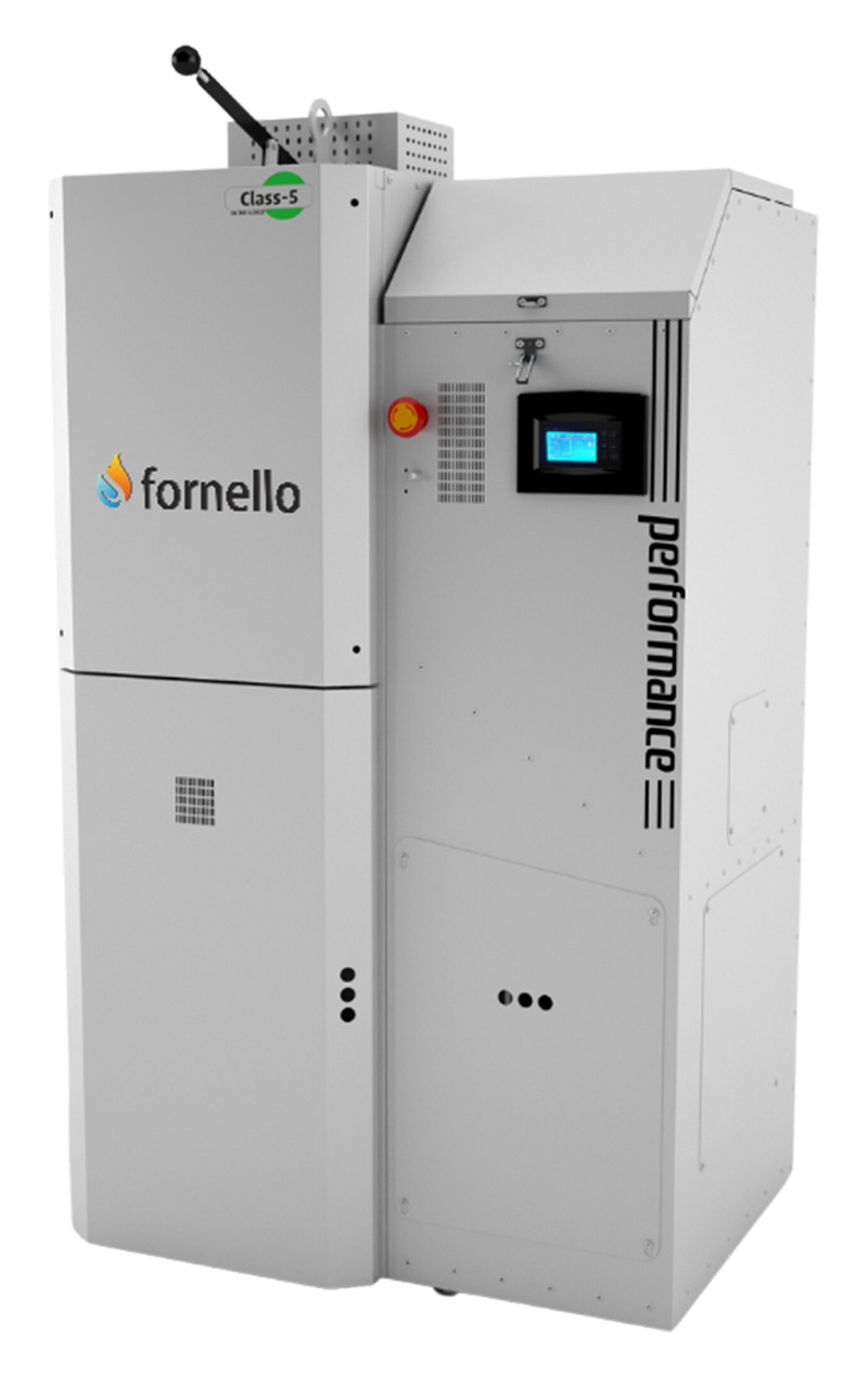 Centrala pe peleti Fornello Slimpel Performance 40 kw, arzator inox, sistem curatare arzator automat, pompa de circulatie, tiraj fortat , buncar 190 litri, pompa electronica Grundfos, sistem curatare mecanica schimbator de caldura, A+