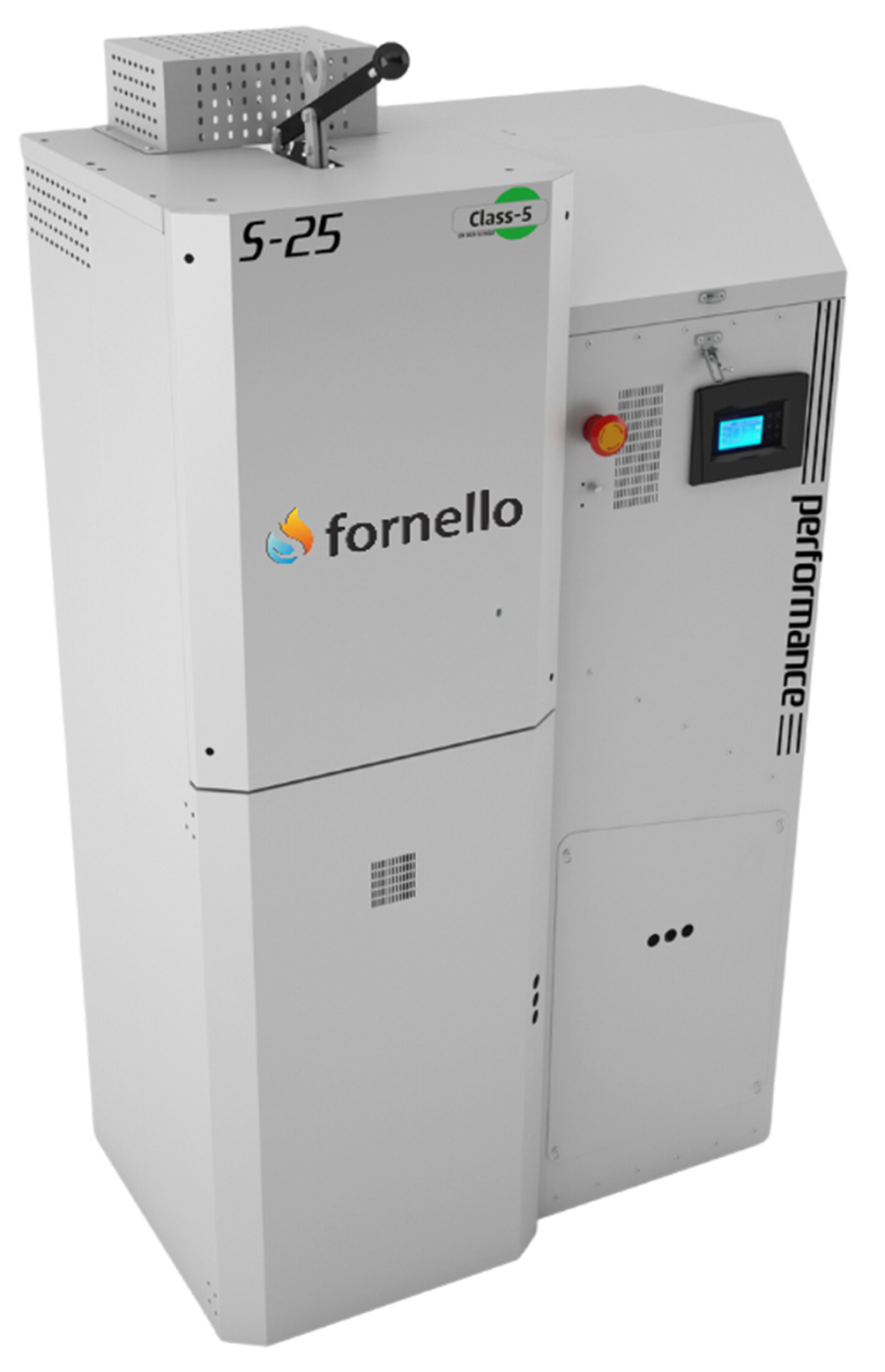 Centrala pe peleti Fornello Slimpel Performance 40 kw, arzator inox, sistem curatare arzator automat, pompa de circulatie, tiraj fortat , buncar 190 litri, pompa electronica Grundfos, sistem curatare mecanica schimbator de caldura, A+