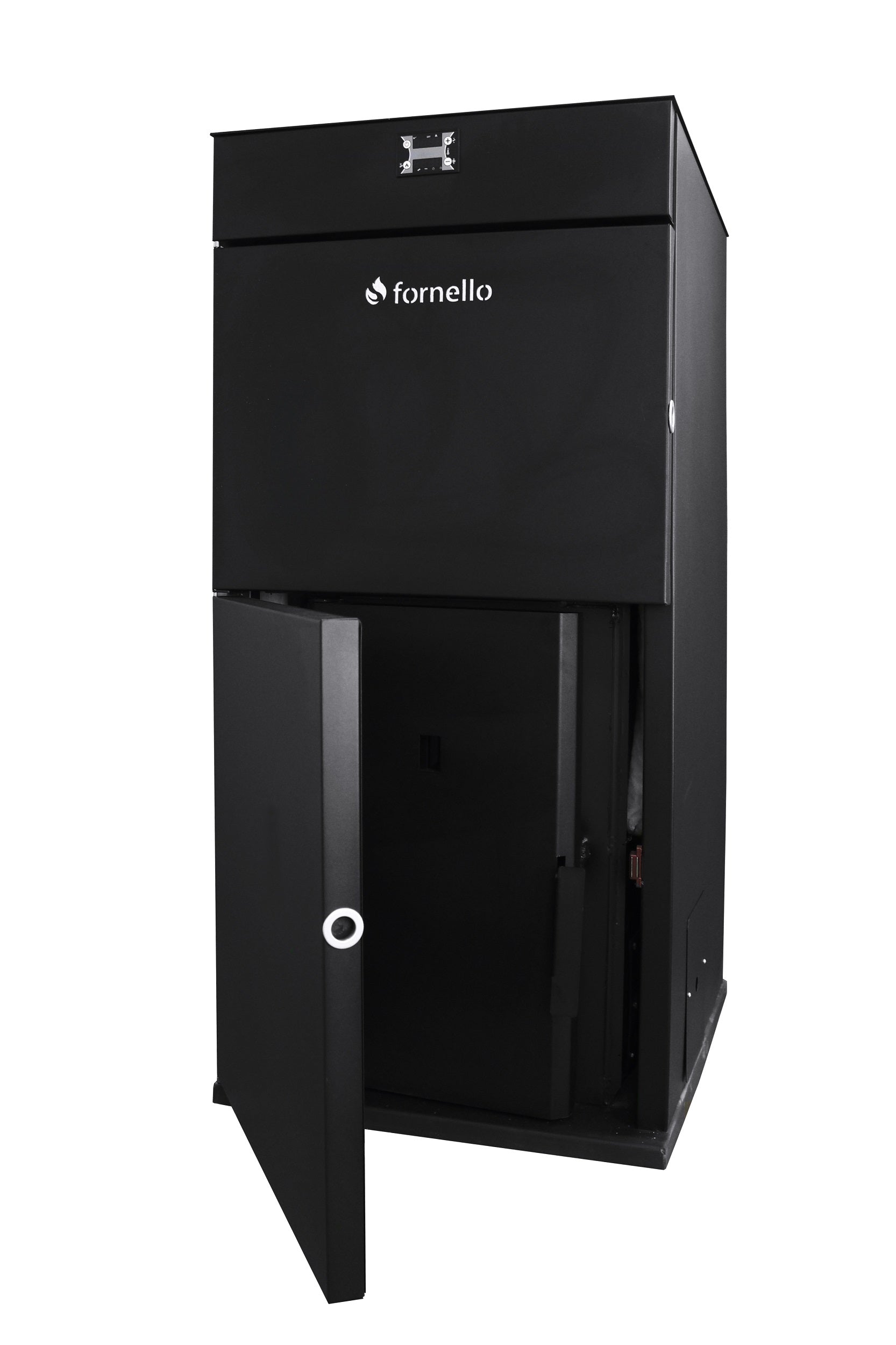 Centrala peleti Fornello Pellet King 30 kw, complet echipata pentru incalzire, pompa circulatie, vas expansiune, automatizare , telecomanda, buncar peleti 70 kg, tiraj fortat, culoare neagra , aprindere automata, curatare facila, pana la 200 mp