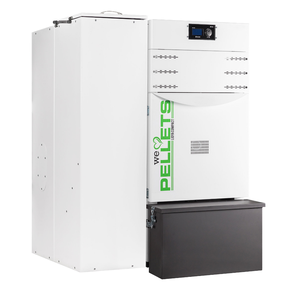 Centrala termica automata pe peleti Fornello Lidya Compact Prestige 25 kw, echipata cu pompa Grundfos, vas, manometru, supapa, arzator inox, curatare automata arzator si schimbator de caldura, A+, elimina automat cenusa, buncar 240 litri