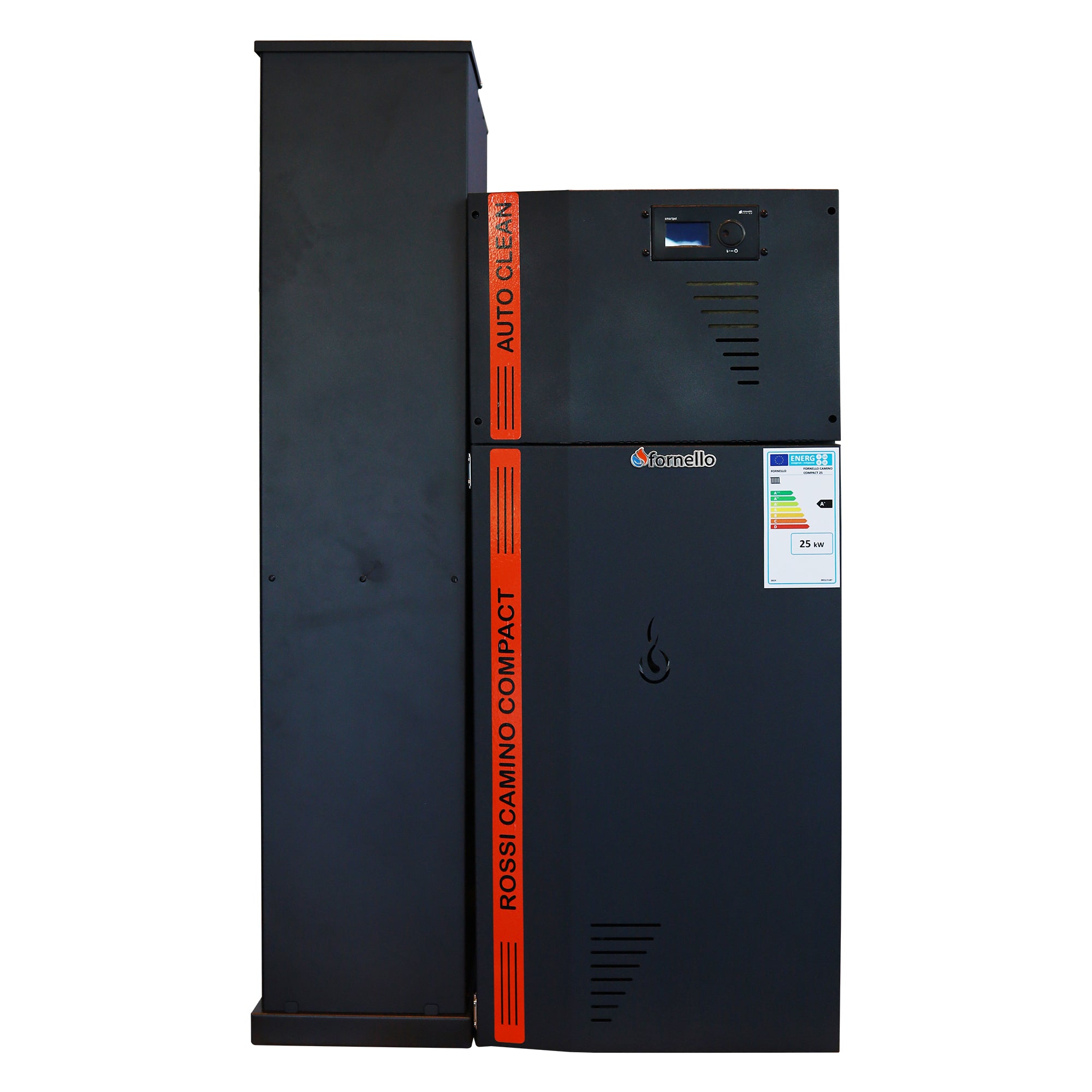 Centrala termica compacta pe peleti Fornello Rossi Camino Compact Automatic 25 kw, pompa de circulatie, vas expansiune, tiraj fortat, curatare automata a arzatorului si a drumurilor de fum, culoare antracit, Ecodesign, A+
