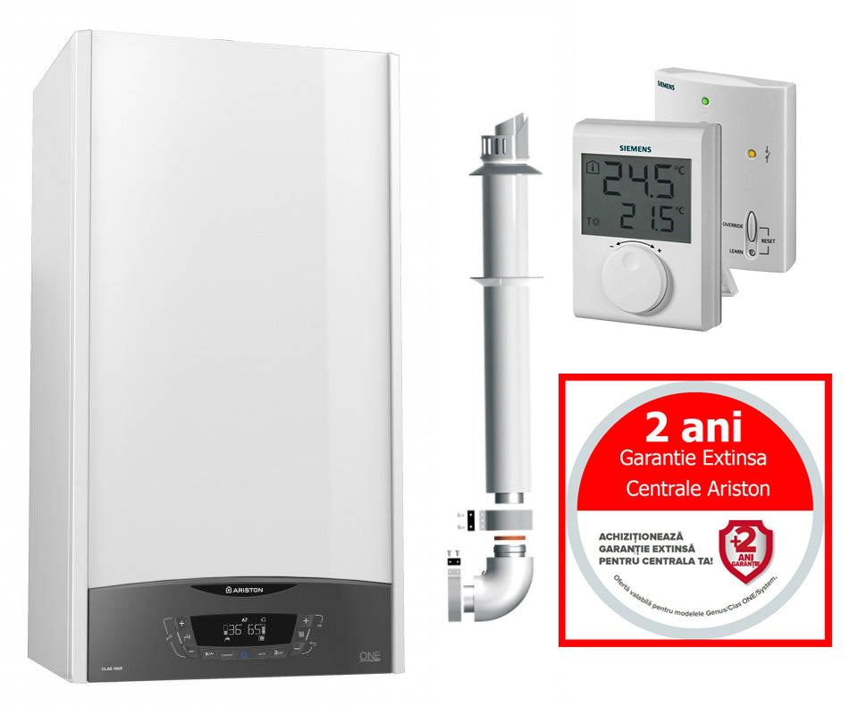 Centrala termica in condensare Ariston CLAS ONE+ WIFI 24 KW pentru incalzire si preparare ACM, kit evacuare, termostat si extragarantie incluse