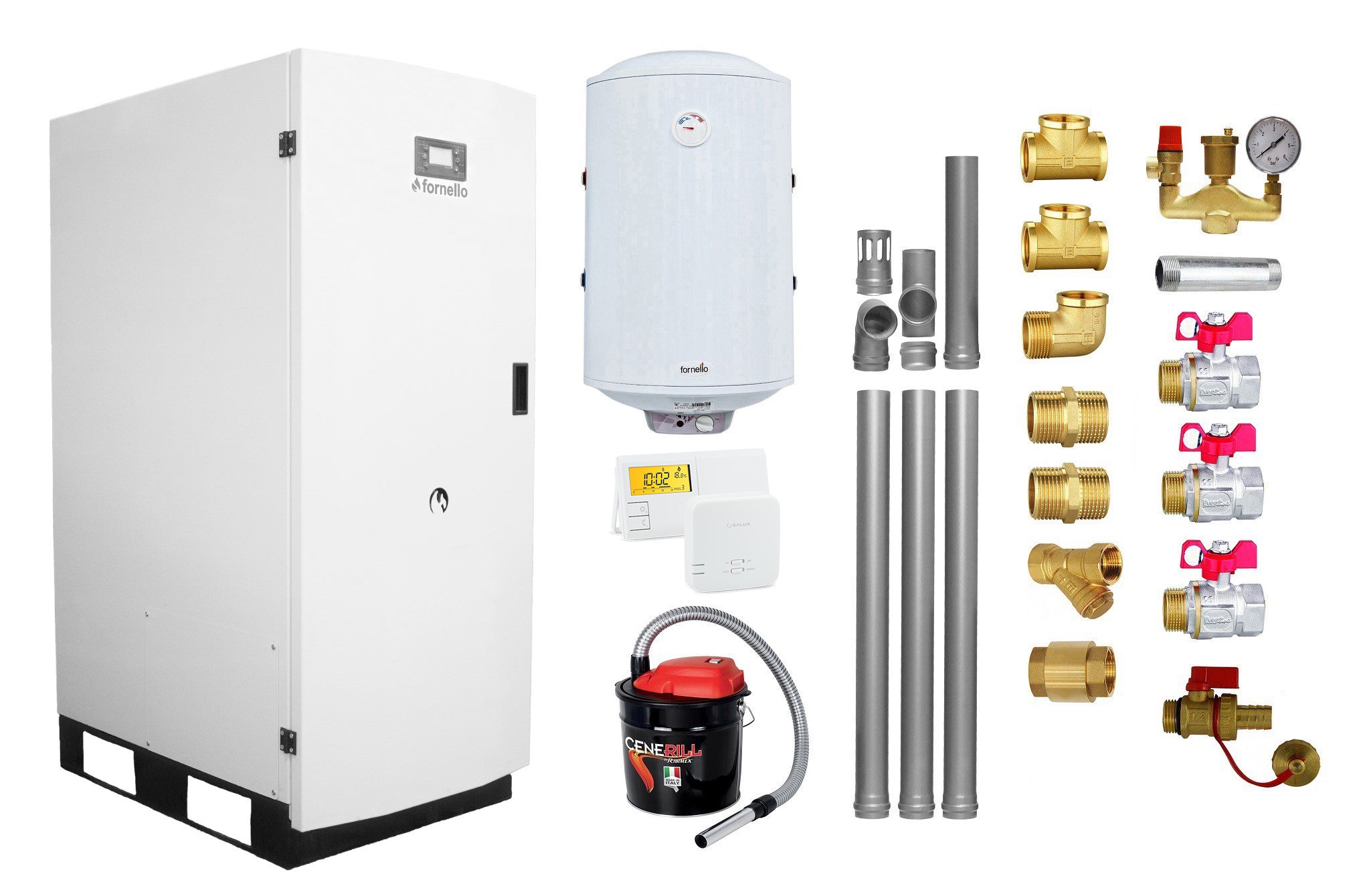 Centrala termica pe peleti Fornello GT 25 Standard, echipata cu pompa circulatie Wilo, vas expansiune, manometru, boiler fornello 100 l, kit evacuare 3.5 ml, Termostat Salus 091FLRFV2 si Aspirator Cenusa, fitinguri