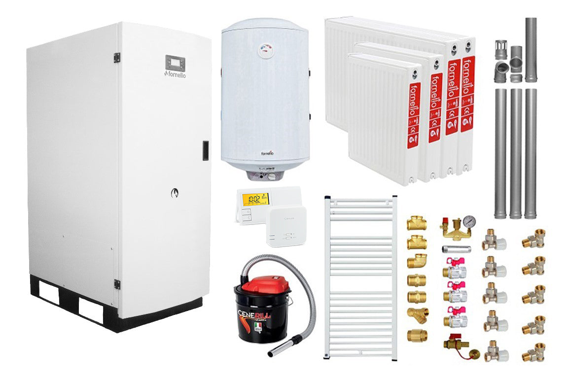 Centrala termica pe peleti Fornello GT 25 Standard, echipata cu pompa circulatie Wilo, vas expansiune, manometru, calorifere, boiler fornello 100 l, kit evacuare 3.5 ml, Termostat Salus 091FLRFV2 si Aspirator Cenusa, fitinguri