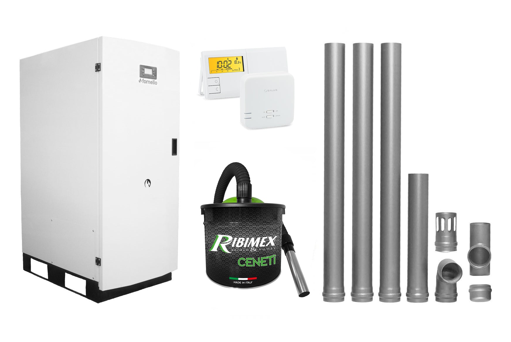 Pachet Centrala termica pe peleti Fornello GT 35 Standard, 35 KW, pompa circulatie, vas expansiune, kit evacuare, termostat, aspiratior, manometru, supapa siguranta, curatare mecanica arzator si schimbator, A+