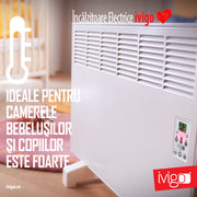 Convector de perete sau pardoseala iVigo DIGITAL EPK 2500 W White, control electronic, Termostat de siguranta, termostat reglabil, IP 24, pentru 28 mp, ERP 2018