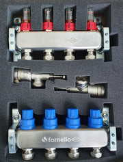 Distribuitor-Colector Fornello, echipat cu debitmetre, robineti si aerisitoare, inox, filet interior, 4 cai, 1