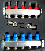 Distribuitor-Colector Fornello, echipat cu debitmetre, robineti si aerisitoare, inox, filet interior, 5 cai, 1