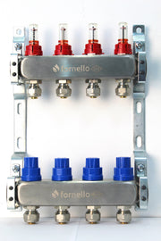 Distribuitor-Colector Fornello, echipat cu debitmetre, robineti si aerisitoare, inox, filet interior, 7 cai, 1