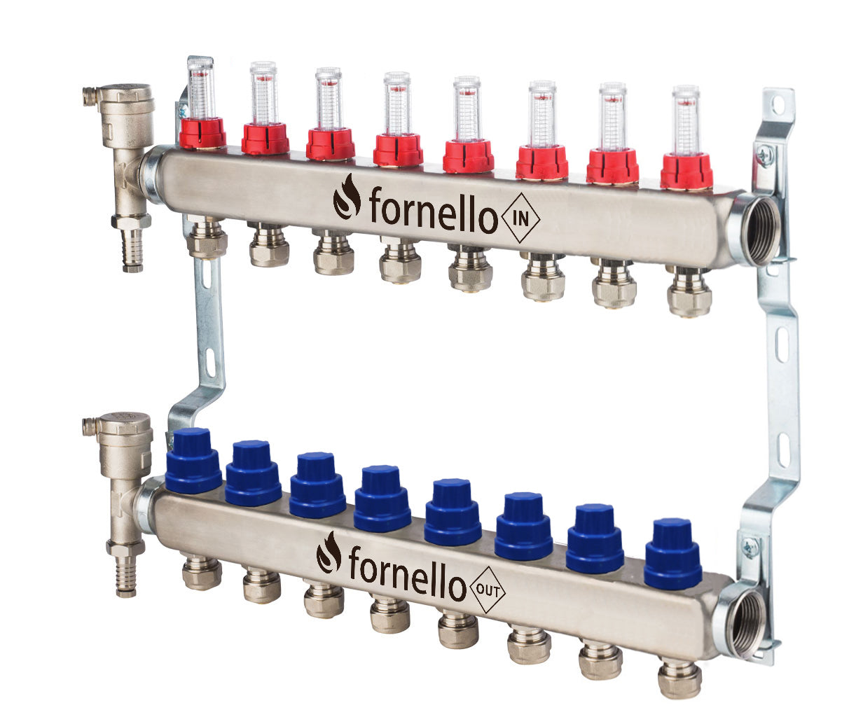 Distribuitor-Colector Fornello, echipat cu debitmetre, robineti si aerisitoare, inox, filet interior, 8 cai, 1"