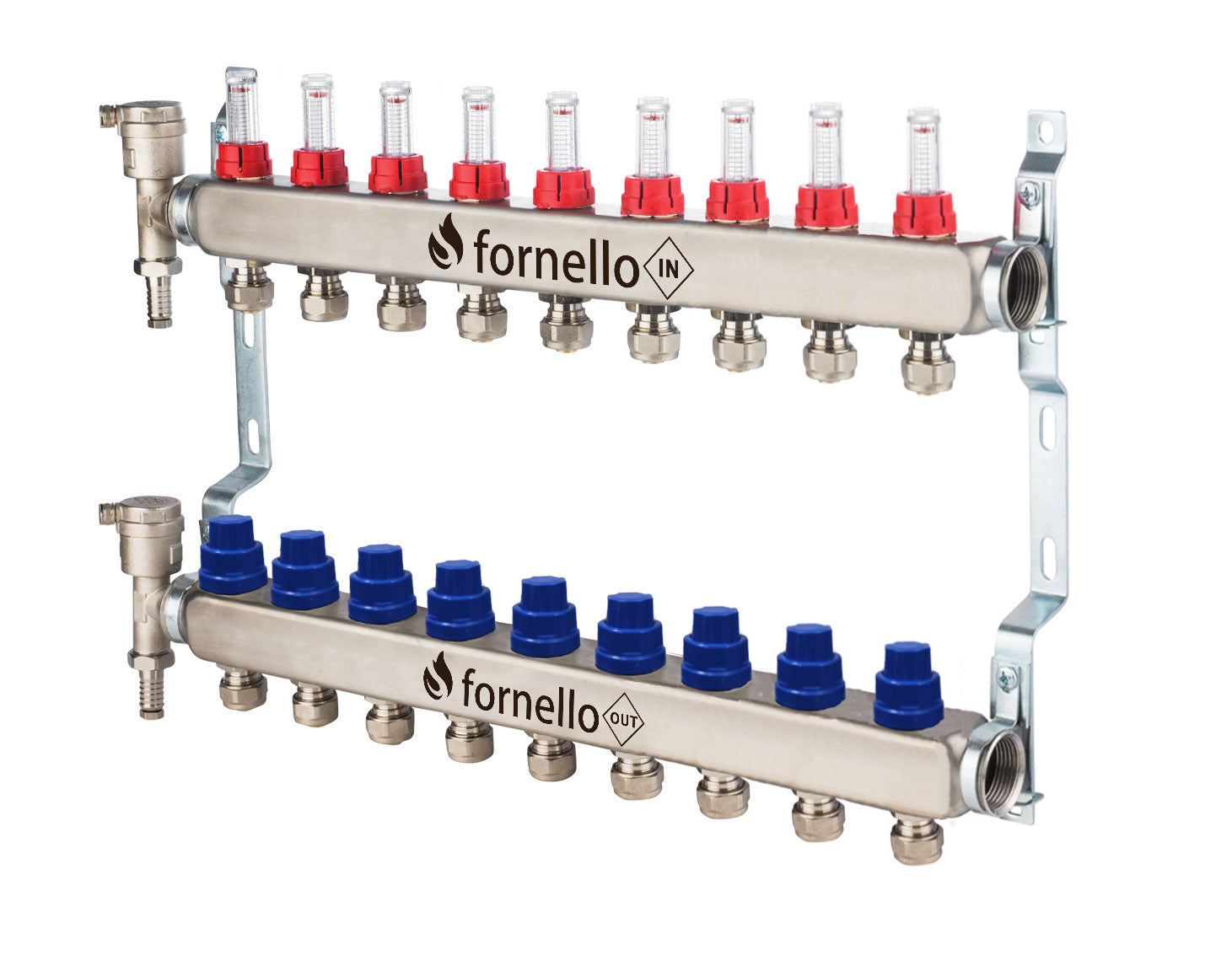 Distribuitor-Colector Fornello, echipat cu debitmetre, robineti si aerisitoare, inox, filet interior, 9 cai, 1"