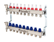 Distribuitor-Colector Fornello, echipat cu debitmetre, robineti si aerisitoare, inox, filet interior, 9 cai, 1