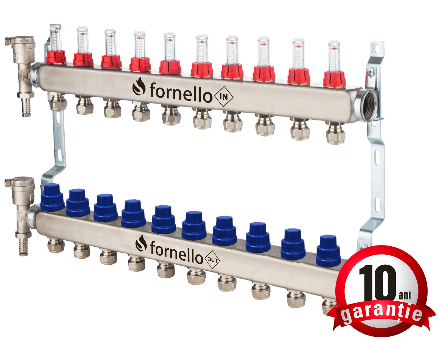 Distribuitor-Colector Fornello, echipat cu debitmetre, robineti si aerisitoare, inox, filet interior, 10 cai, 1"