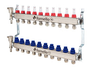 Distribuitor-Colector Fornello, echipat cu debitmetre, robineti si aerisitoare, inox, filet interior, 10 cai, 1