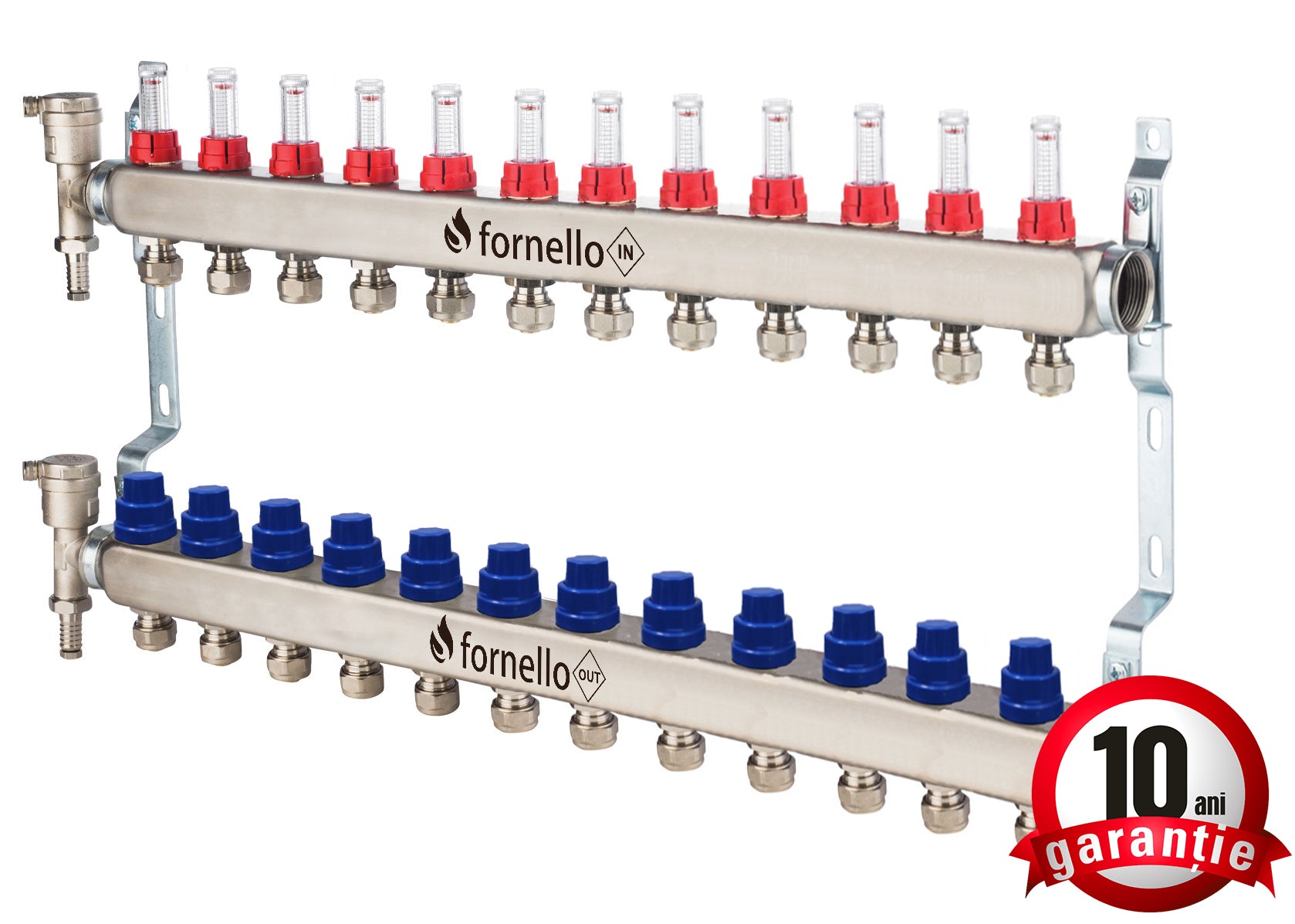 Distribuitor-Colector Fornello, echipat cu debitmetre, robineti si aerisitoare, inox, filet interior, 12 cai, 1"