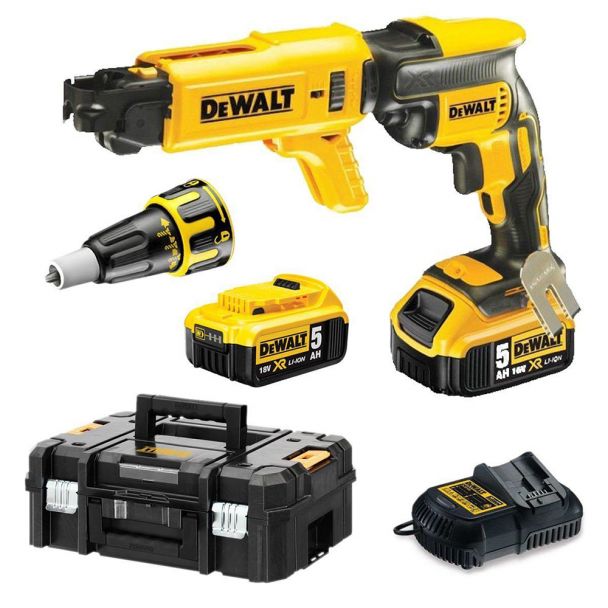 Masina de insurubat pentru gips-carton, cu acumulatori Dewalt DCF620P2K, 18V/5.0Ah, 2 acumulatori, incarcator, magazie suruburi, valiza de transport