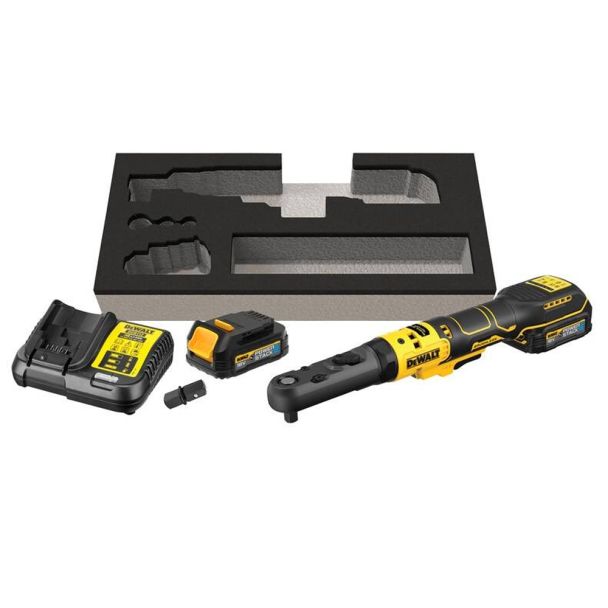 Masina de insurubat unghiulara DeWalt DCF510E2G, patrat 3/8" si 1/2", maxim 102 Nm, cu 2 acumulatori POWERSTACK 18V / 1.7Ah tip G si incarcator