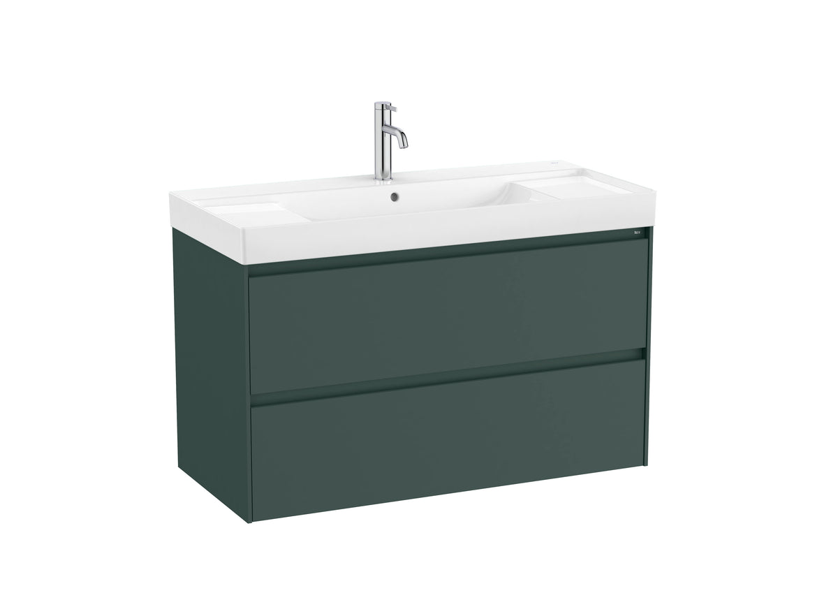 Mobilier baie cu două sertare și lavoar cu orificiu central pentru baterie, Roca Ona, Matt Green, cu polițe stânga-dreapta, 100 cm, A851693513
