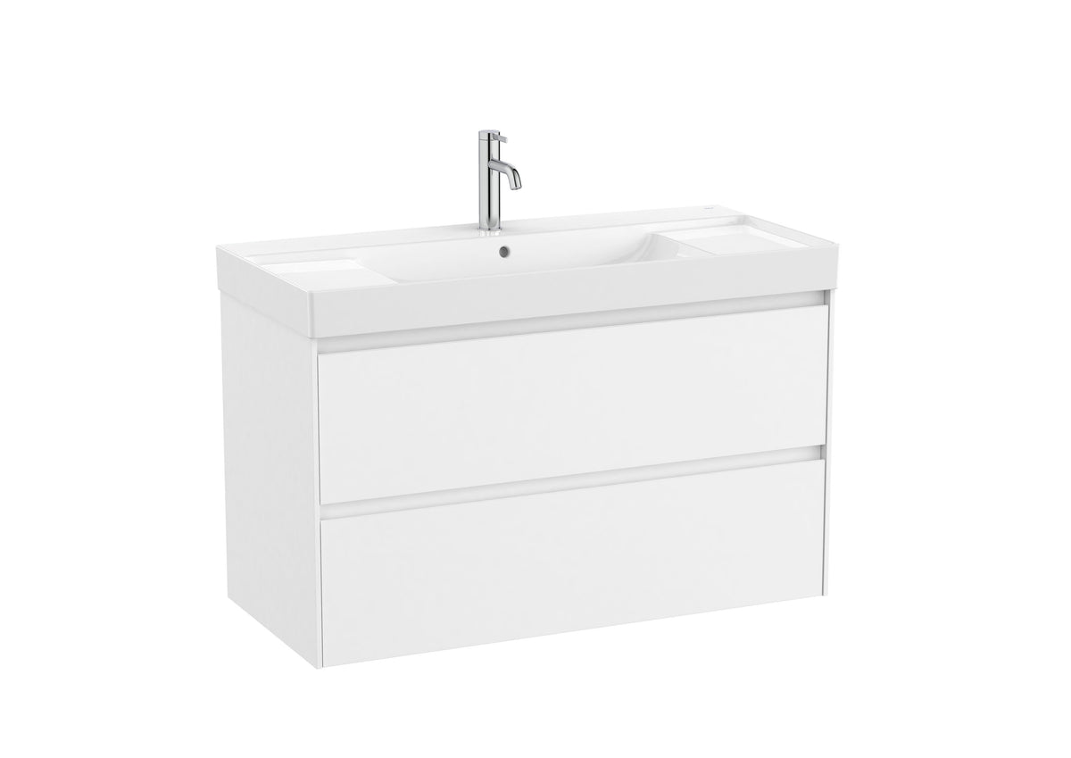 Mobilier baie cu două sertare și lavoar cu orificiu central pentru baterie, Roca Ona, Matt White, cu polițe stânga-dreapta, 100 cm, A851693509