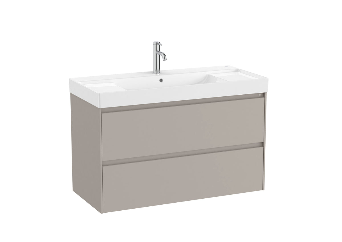 Mobilier baie cu două sertare și lavoar cu orificiu central pentru baterie, Roca Ona, Sand Grey, cu polițe stânga-dreapta, 100 cm, A851693510