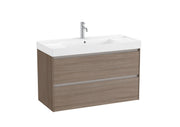 Mobilier baie cu două sertare și lavoar cu orificiu central pentru baterie, Roca Ona, Dark Elm, cu polițe stânga-dreapta, 100 cm, A851693511