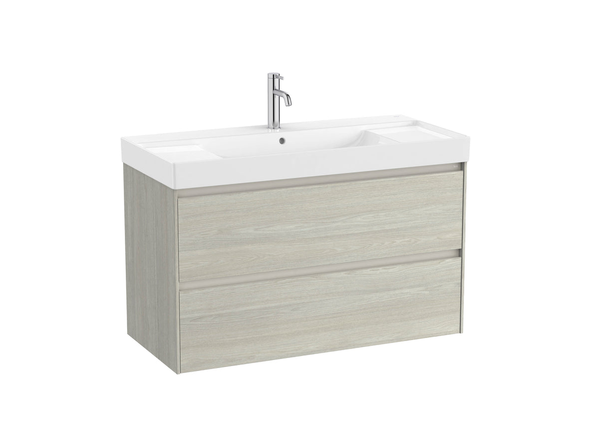 Mobilier baie cu două sertare și lavoar cu orificiu central pentru baterie, Roca Ona, Light Oak, cu polițe stânga-dreapta, 100 cm, A851693512