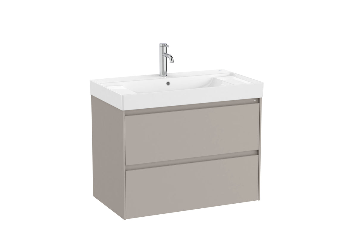 Mobilier baie cu două sertare și lavoar cu orificiu central pentru baterie, Roca Ona, Sand Grey, 80 cm, A851691510
