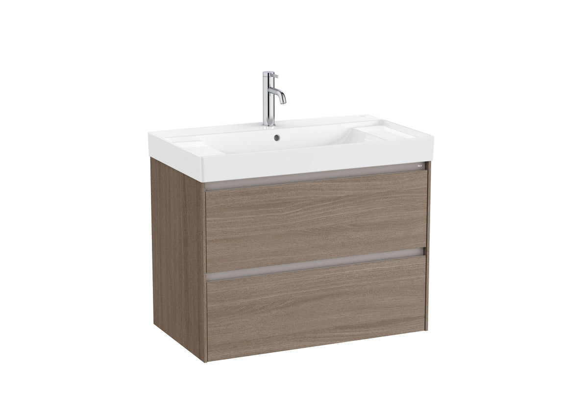 Mobilier baie cu două sertare și lavoar cu orificiu central pentru baterie, Roca Ona, Dark Elm, 80 cm, A851691511