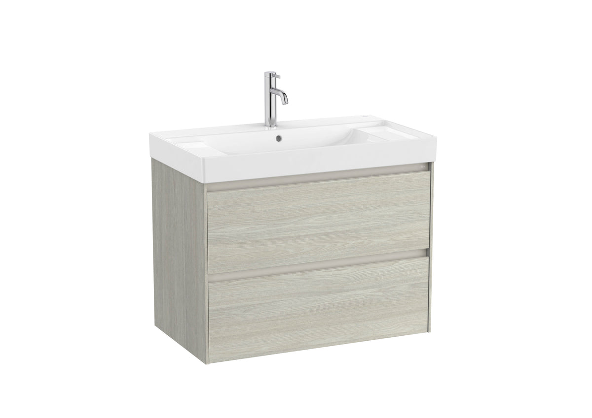 Mobilier baie cu două sertare și lavoar cu orificiu central pentru baterie, Roca Ona, Light Oak, 80 cm, A851691512