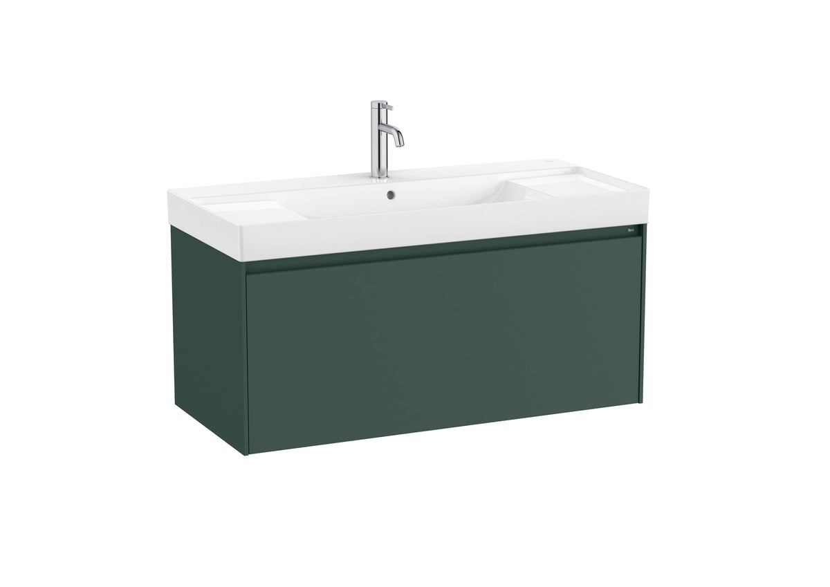 Mobilier baie cu un sertar și lavoar cu orificiu central pentru baterie, Roca Ona, Matt Green, cu polițe stânga-dreapta, 100 cm, A851686513