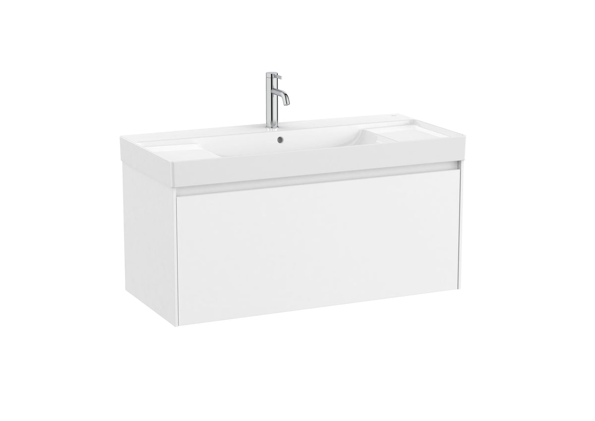 Mobilier baie cu un sertar și lavoar cu orificiu central pentru baterie, Roca Ona, Matt White, cu polițe stânga-dreapta, 100 cm, A851686509