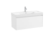 Mobilier baie cu un sertar și lavoar cu orificiu central pentru baterie, Roca Ona, Matt White, cu polițe stânga-dreapta, 100 cm, A851686509