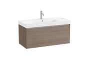 Mobilier baie cu un sertar și lavoar cu orificiu central pentru baterie, Roca Ona, Dark Elm, cu polițe stânga-dreapta, 100 cm, A851686511