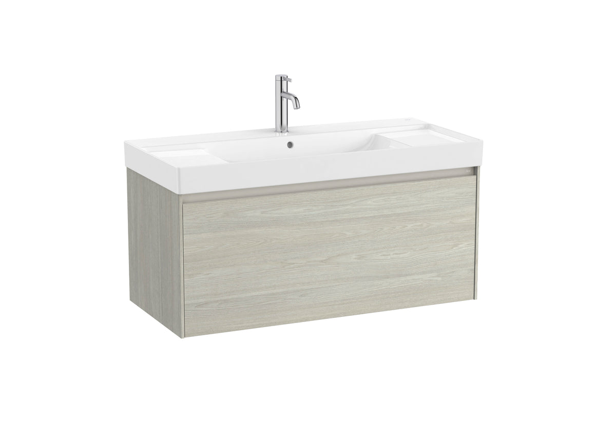 Mobilier baie cu un sertar și lavoar cu orificiu central pentru baterie, Roca Ona, Light Oak, cu polițe stânga-dreapta, 100 cm, A851686512