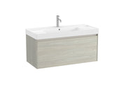 Mobilier baie cu un sertar și lavoar cu orificiu central pentru baterie, Roca Ona, Light Oak, cu polițe stânga-dreapta, 100 cm, A851686512