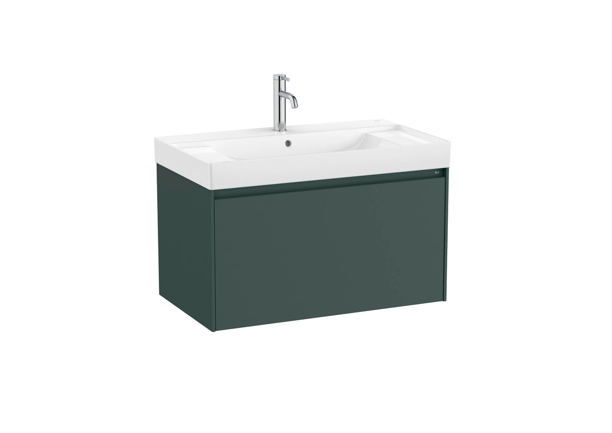Mobilier baie cu un sertar și lavoar cu orificiu central pentru baterie, Roca Ona, Matt Green, cu polițe stânga-dreapta, 80 cm, A851685513