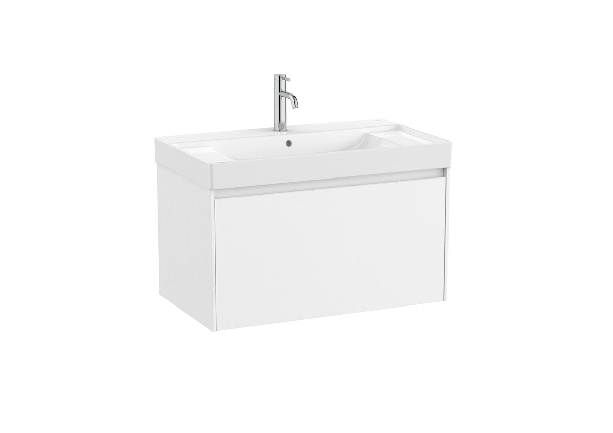 Mobilier baie cu un sertar și lavoar cu orificiu central pentru baterie, Roca Ona, Matt White, cu polițe stânga-dreapta, 80 cm, A851685509