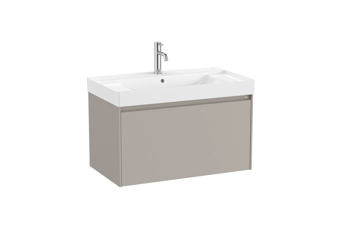 Mobilier baie cu un sertar și lavoar cu orificiu central pentru baterie, Roca Ona, Sand Grey, cu polițe stânga-dreapta, 80 cm, A851685510