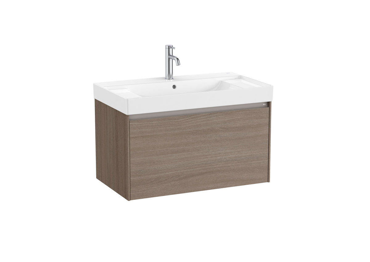 Mobilier baie cu un sertar și lavoar cu orificiu central pentru baterie, Roca Ona, Dark Elm, cu polițe stânga-dreapta, 80 cm, A851685511