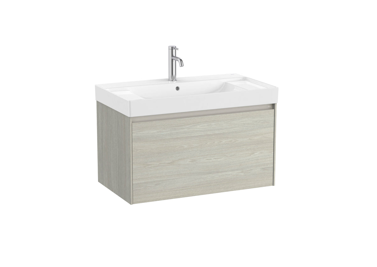 Mobilier baie cu un sertar și lavoar cu orificiu central pentru baterie, Roca Ona, Light Oak, cu polițe stânga-dreapta, 80 cm, A851685512