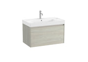 Mobilier baie cu un sertar și lavoar cu orificiu central pentru baterie, Roca Ona, Light Oak, cu polițe stânga-dreapta, 80 cm, A851685512