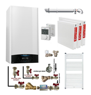 Pachet apartament cu 2 camere, centrala termica murala in condensare Ariston Genus One+ 24, Gaz, 24 kW, kit de evacuare inclus, termostat, calorifere otel, kit armaturi centrala, robineti calorifere