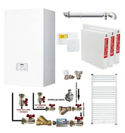 Pachet apartament cu 2 camere, centrala termica pe gaz conventionala Arca Pixel 25 F, 25 kw, kit evacuare inclus, termostat, calorifere otel, kit armaturi centrala, robineti calorifere