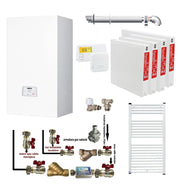 Pachet apartament cu 3 camere, centrala termica pe gaz conventionala Arca Pixel 25 F, 25 kw, kit evacuare inclus, termostat, calorifere otel, kit armaturi centrala, robineti calorifere
